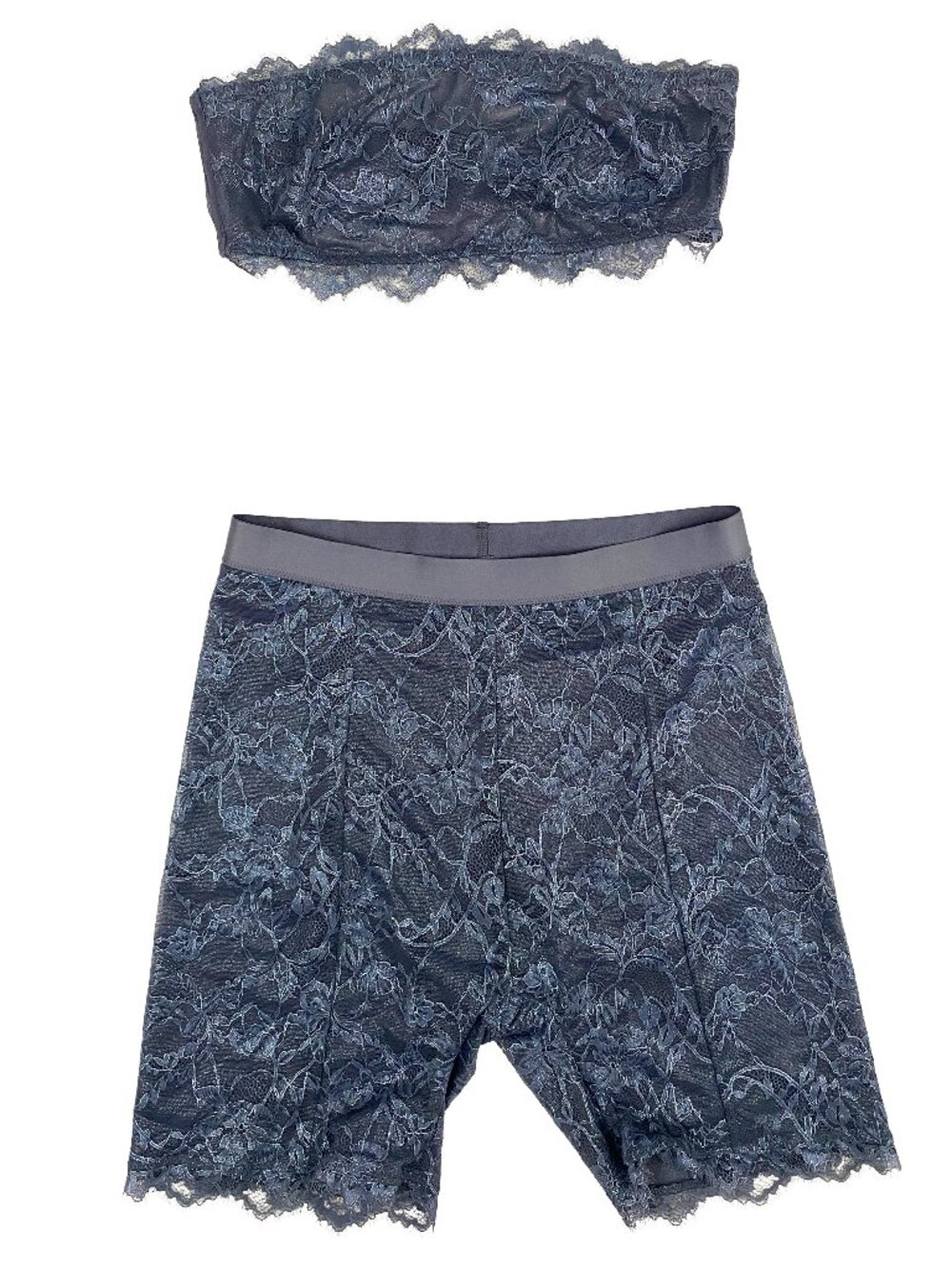 Skims icy blue lace short and bandeau / bralette set.